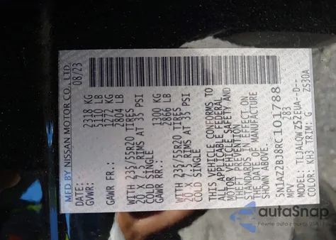 2024 Nissan Murano Sv Fwd из США, поврежденный, VIN 5N1AZ2BJ8RC101788